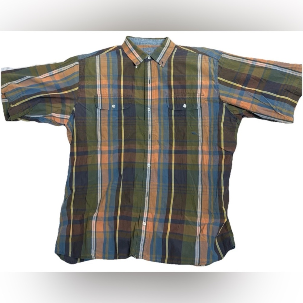Bob Timberlake Shirt Mens XLarge Blue Tan White Plaid Short Sleeve Button Up